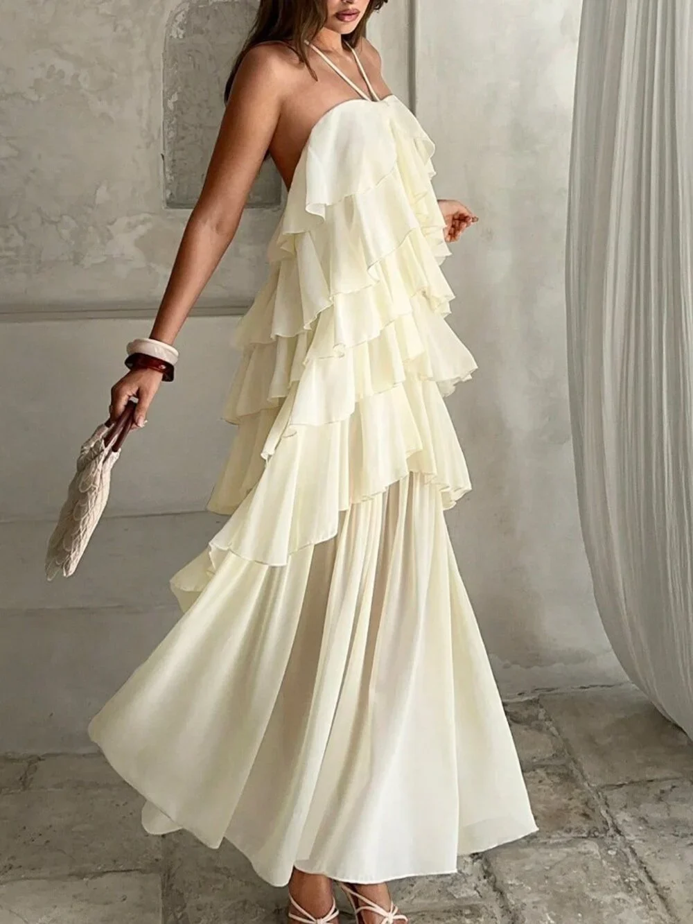 Apricot Boho Women's Elegant Romantic Layered Ruffle Halter Dress - Picture 1 of 7